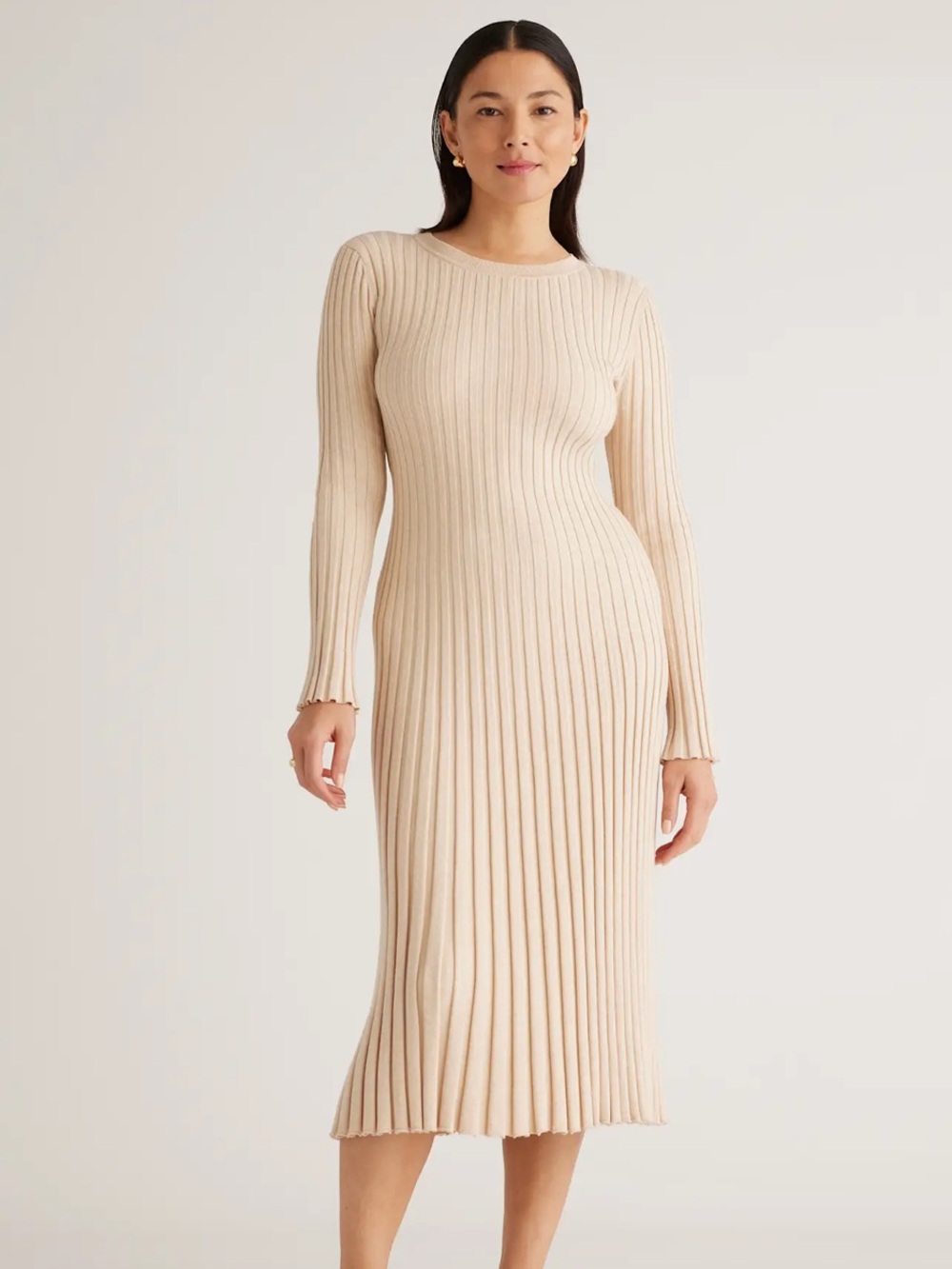 Quince Cotton Cashmere Ribbed Long Sleeve Crew Midi Dress - XS